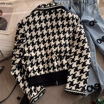 Houndstooth Lapeled Color Blocking Jacket