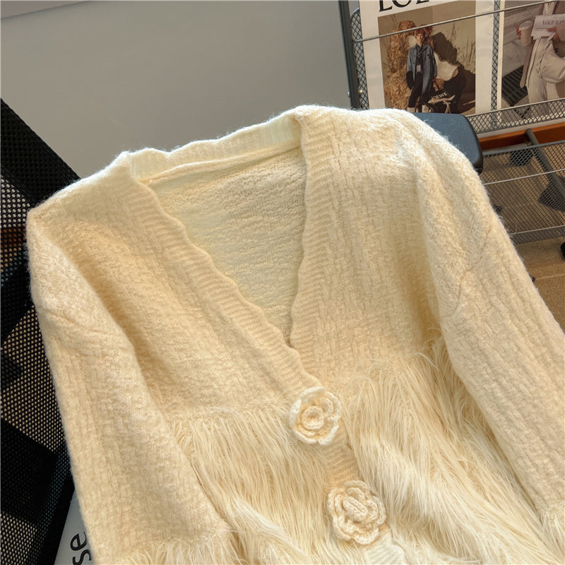 3D Flower Mink Patchwork Cardigan