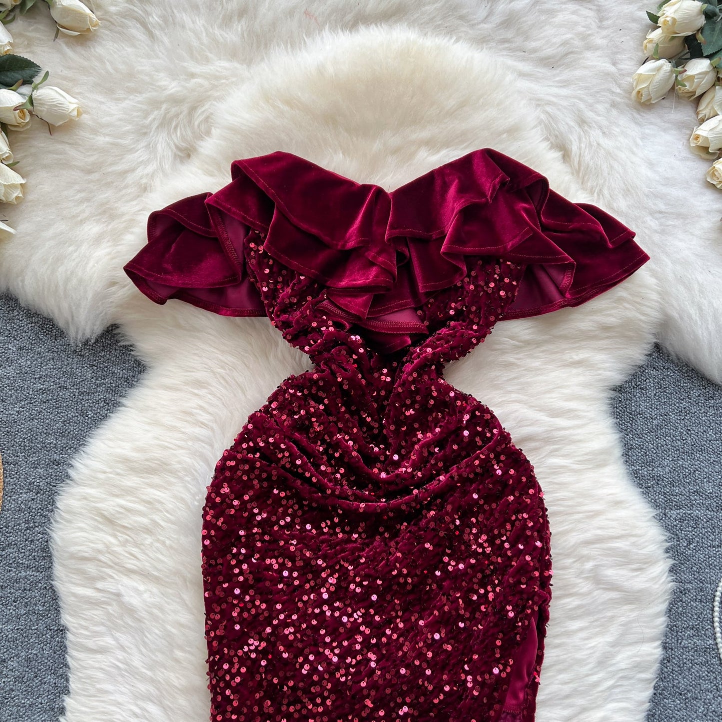 Ruffled Neckline Sequined Velvet Dress