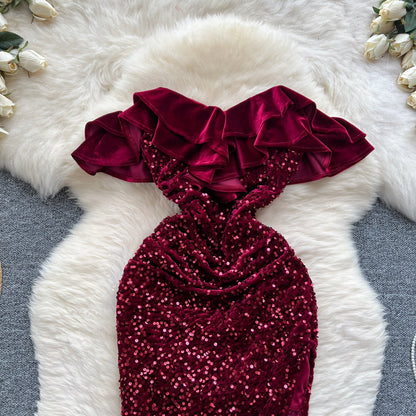 Ruffled Neckline Sequined Velvet Dress