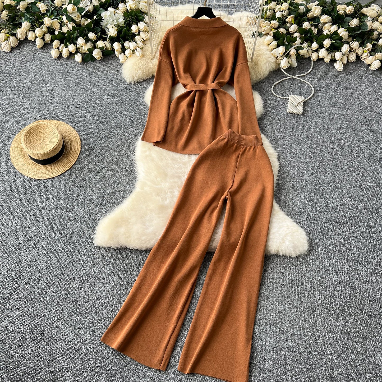 Tie Front Lounge Set Cozy Cardigan & Wide Leg Trousers