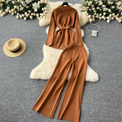 Tie Front Lounge Set Cozy Cardigan & Wide Leg Trousers
