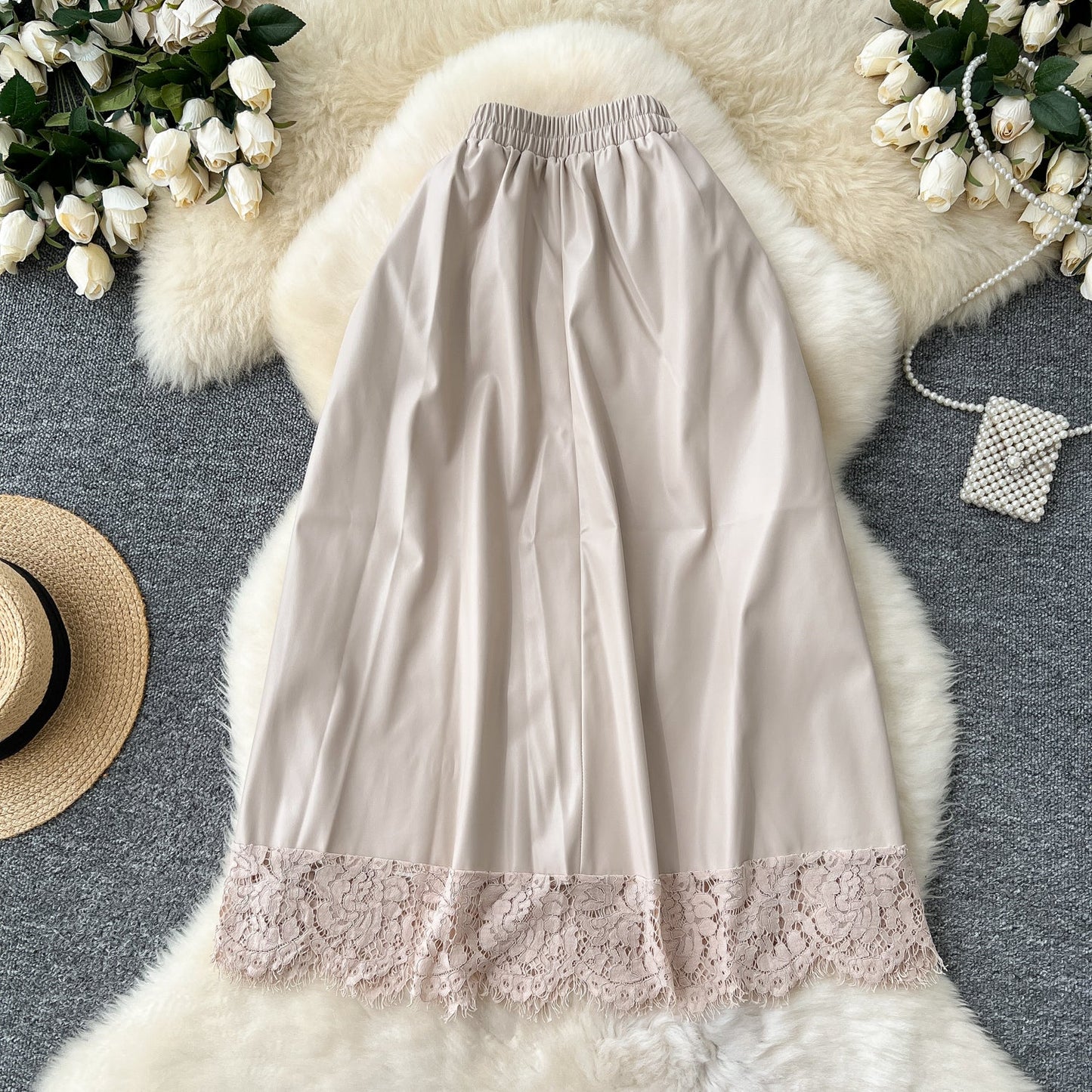 Chic Lace Patchwork A-line PU Skirt