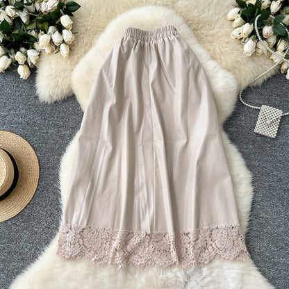 Chic Lace Patchwork A-line PU Skirt