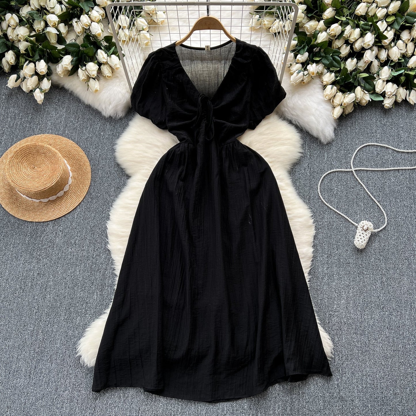 Robe en mousseline de soie à manches bouffantes et cordon de serrage Mori