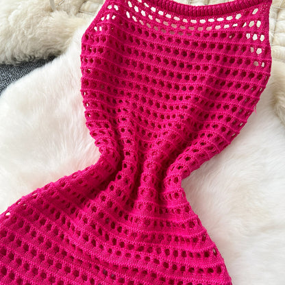 Plaid Hollowed Knitted Slip Dress