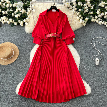 Lapeled Pleat Shirt Dress with Belt
