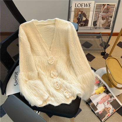 3D Flower Mink Patchwork Cardigan