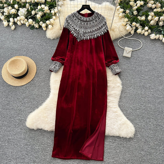 Bead-Adorned Suede Maxi Dress