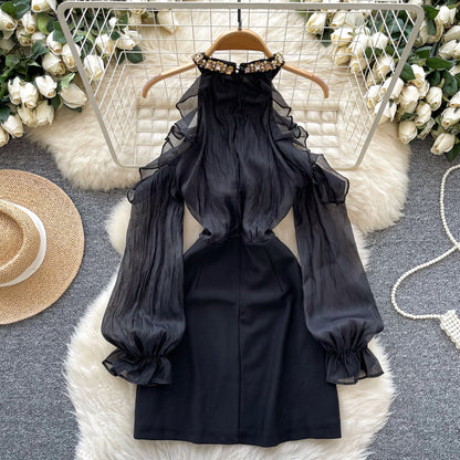 French Style Beaded Neckline Black Dress