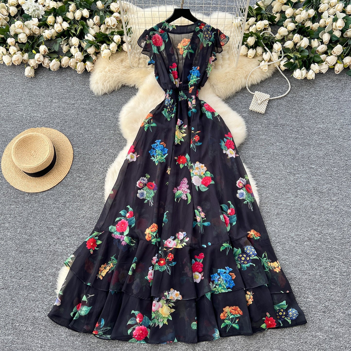 Deep V-neck Floral Chiffon Dress