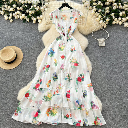 Deep V-neck Floral Chiffon Dress