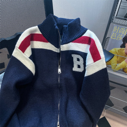 Stand Collar Color-blocking Striped Cardigan