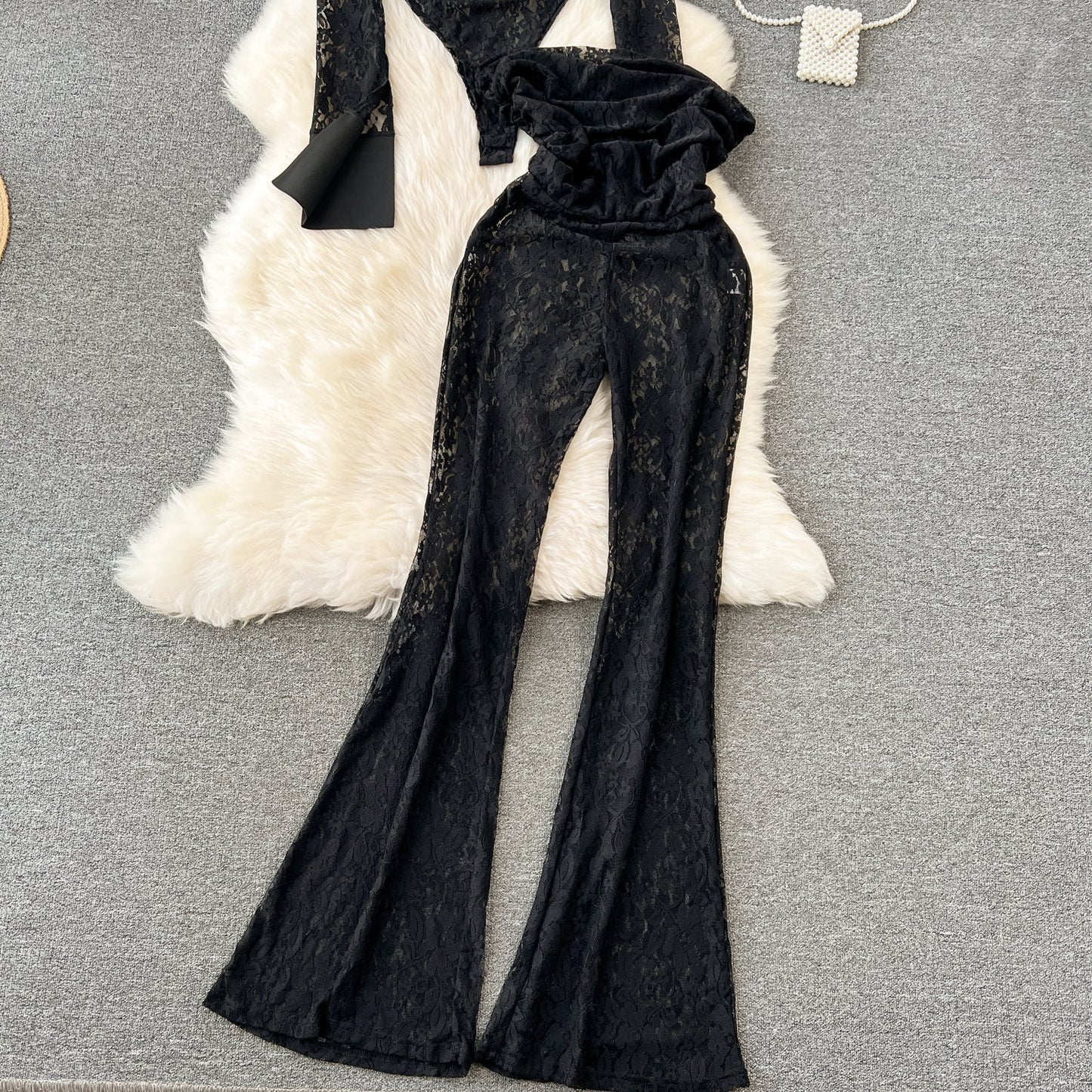 Designer Black Lace Jumpsuit & Trousers Set