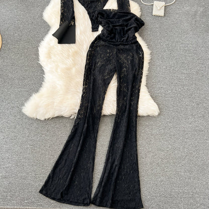 Designer Black Lace Jumpsuit & Trousers Set