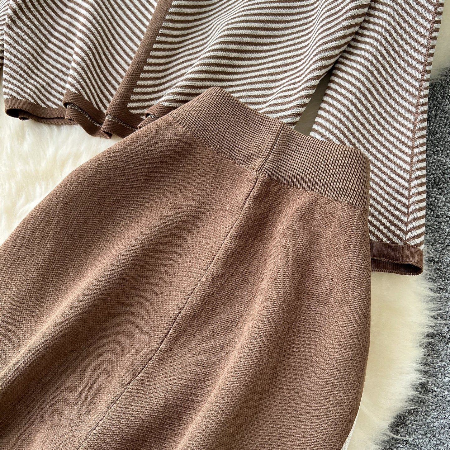 Striped V-Neck Knit Set – Sweater & Trousers