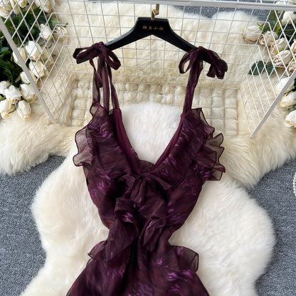 Purple V-neck Ruffled Evening Gown