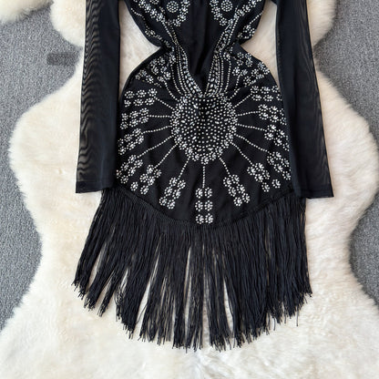Sequin Fringe Black Cocktail Dress