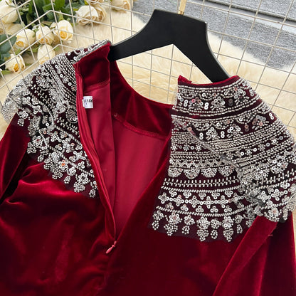 Beaded Collar Loose-fit Suede Dress