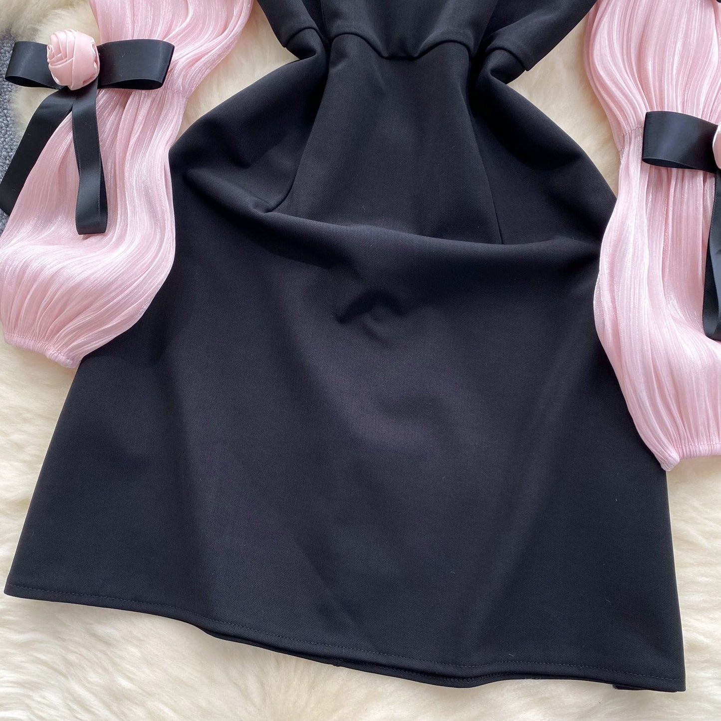 Square Neckline Pink Sleeve Black Dress