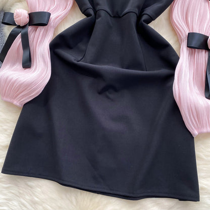 Square Neckline Pink Sleeve Black Dress