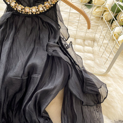 French Style Beaded Neckline Black Dress