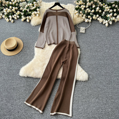 Striped V-Neck Knit Set – Sweater & Trousers
