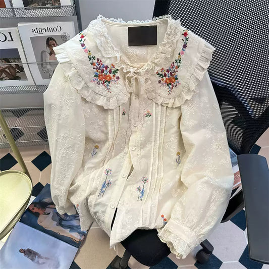 Victorian-Inspired Doll Collar Embroidered Blouse