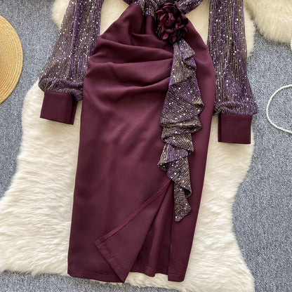 Sequined Mesh Patchwork Satin Dress