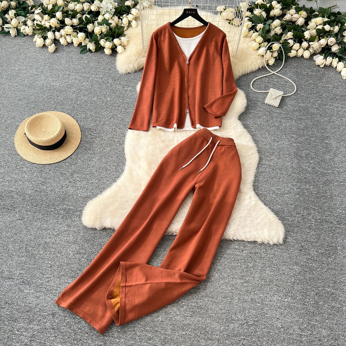 Faux Two-pieces Cardigan & Trousers 2Pcs