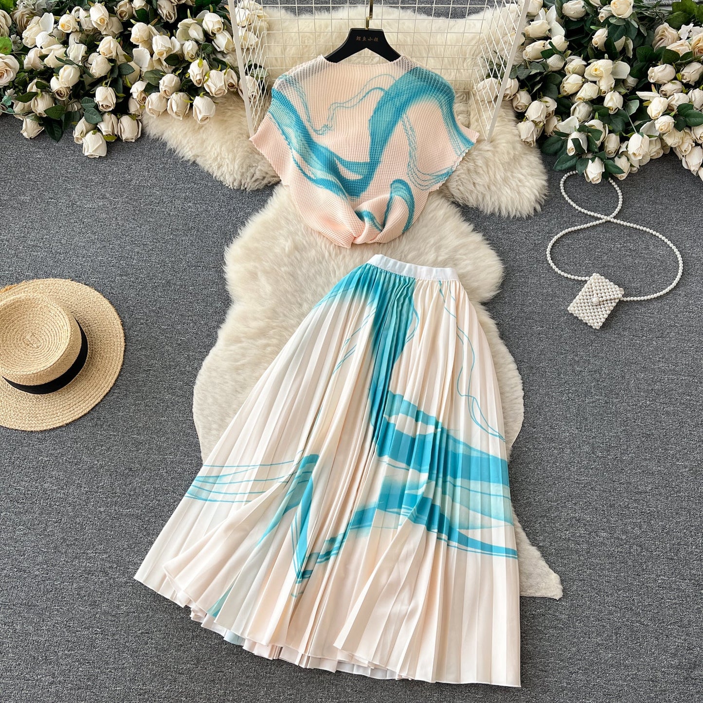 Printed Top&Pleated Skirt 2Pcs