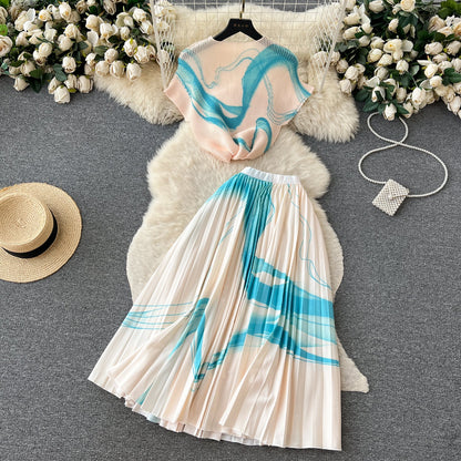 Printed Top&Pleated Skirt 2Pcs