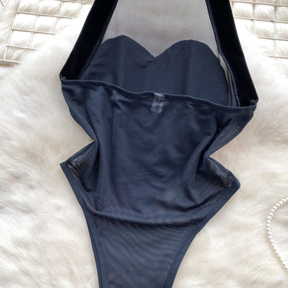 Sheer Mesh Cutout Halter Romper