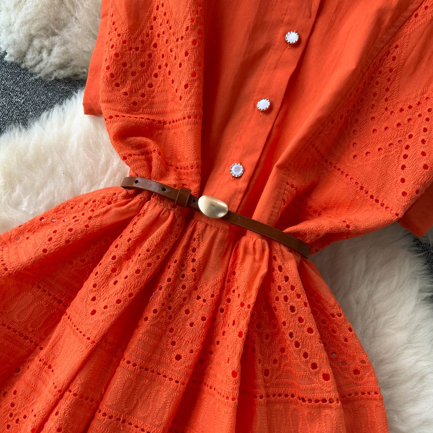 Niche Hollowed Patchwork Shirt Dress