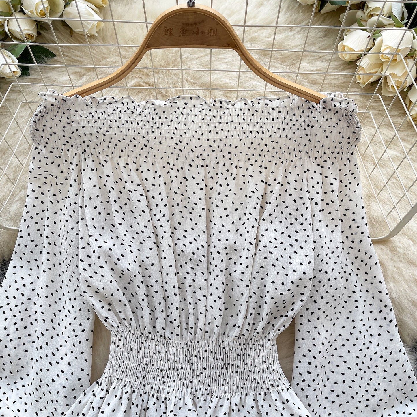 Retro-Inspired Off-Shoulder Dot Print Top