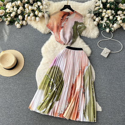 Printed Top&Pleated Skirt 2Pcs