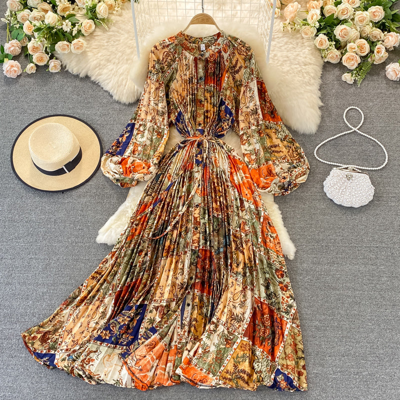 Round Collar Floral Printed Satin Dress