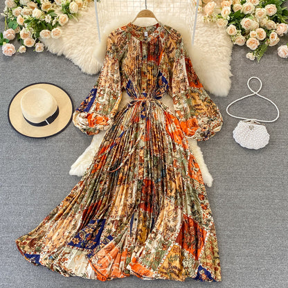 Round Collar Floral Printed Satin Dress