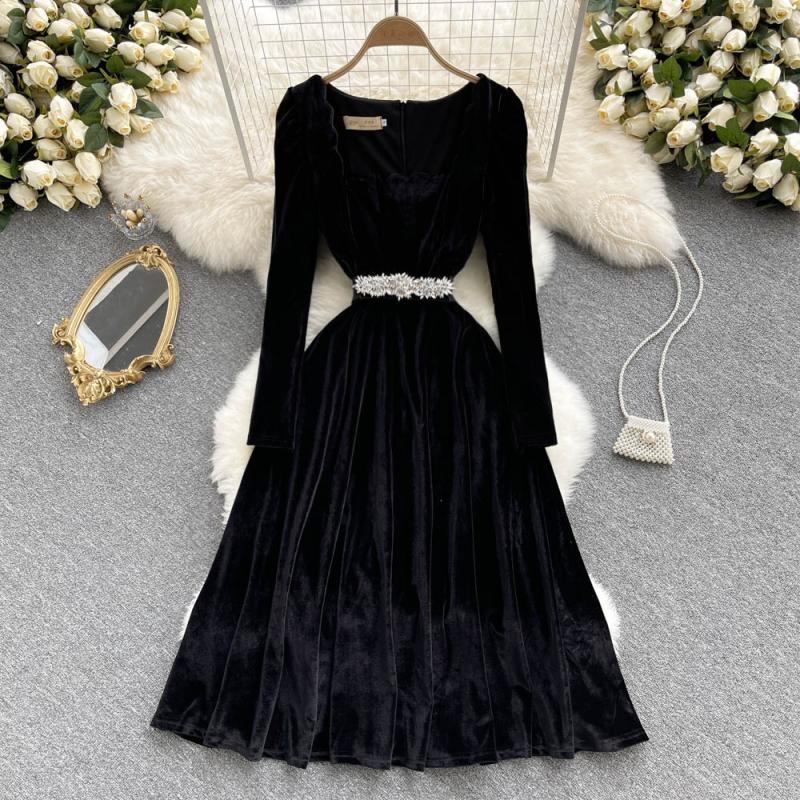 Black Gold Velvet Lace Stitching Dress
