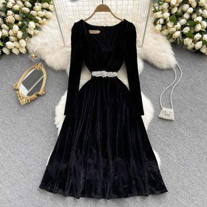 Black Gold Velvet Lace Stitching Dress