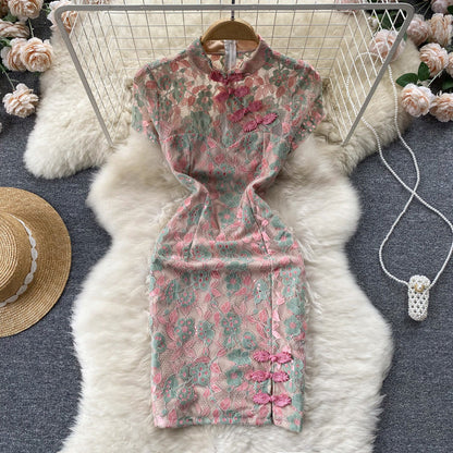 Embroidered Floral Printed Slit Cheongsam Dress
