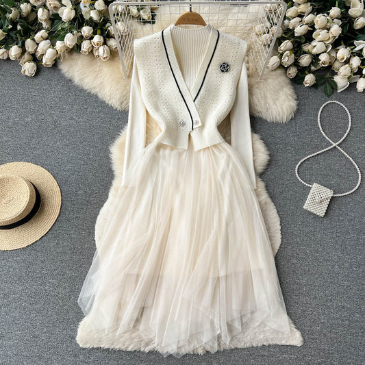 Chic Mesh Dress & V-Neck Cardigan Set