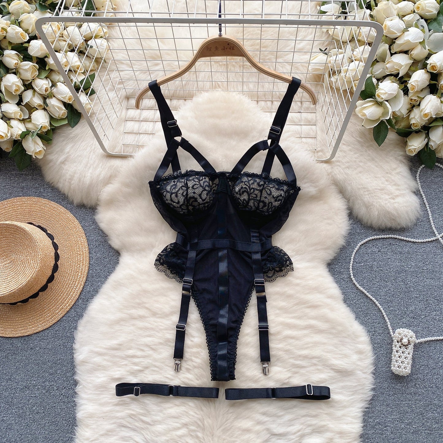 Lace-up Mesh Black Lingerie Set