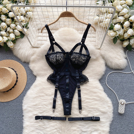 Lace-up Mesh Black Lingerie Set