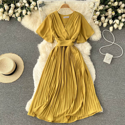 Chiffon Pleated Solid V-Neck Dress