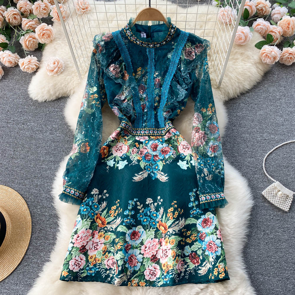 Lace-paneled Beaded Jacquard Dress