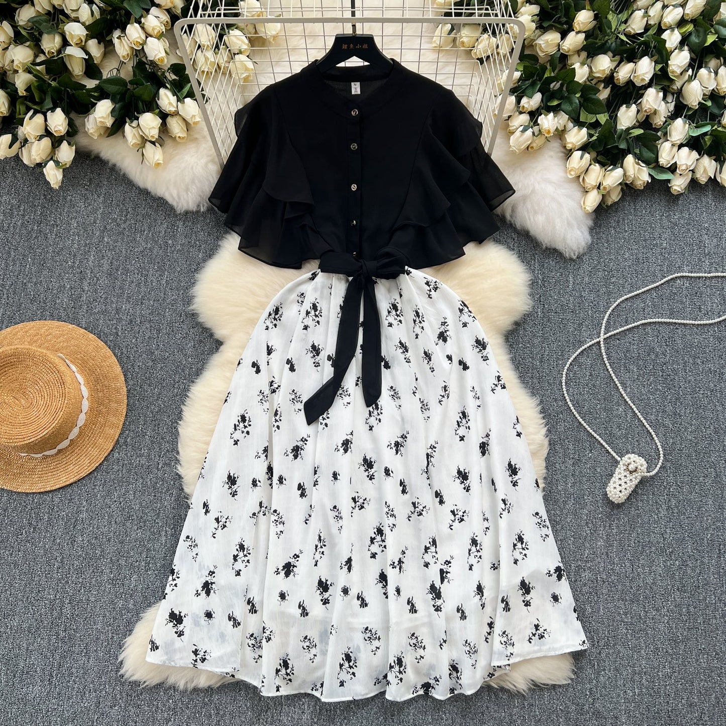Floral Patchwork Black Shirt Dress