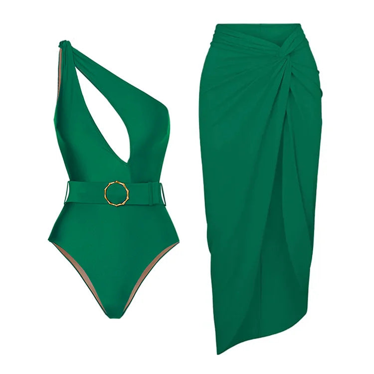 Hollowed Slip One-piece Swimwear&Skirt 2Pcs