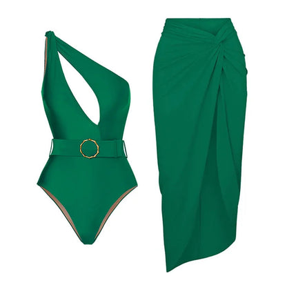 Hollowed Slip One-piece Swimwear&Skirt 2Pcs