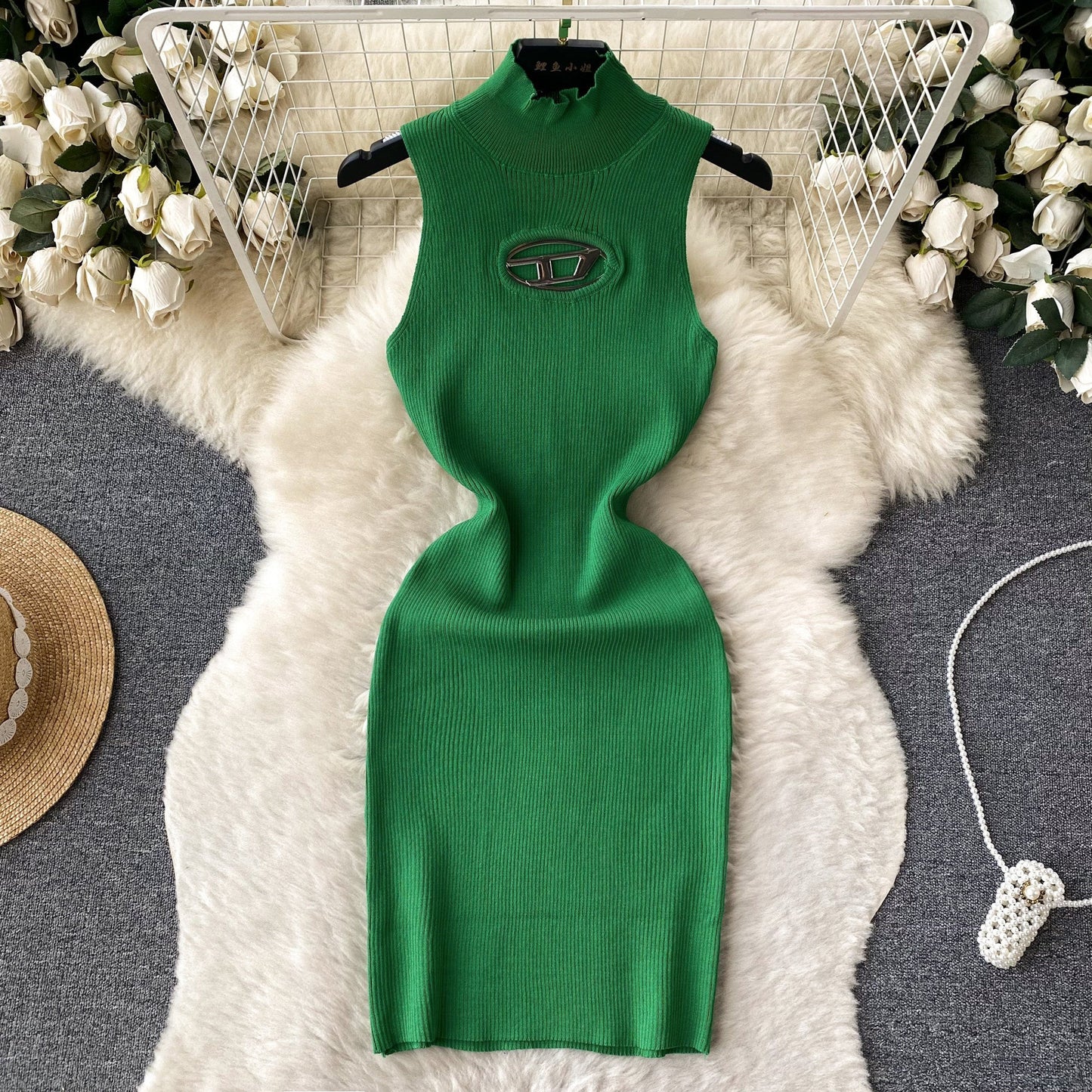 Open-Knit Semi-Turtleneck Bodycon Dress